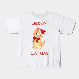 Cute orange stripped tabby kitty Kawaii Meowy christmas wearing a Santa hat. Kids T-Shirt